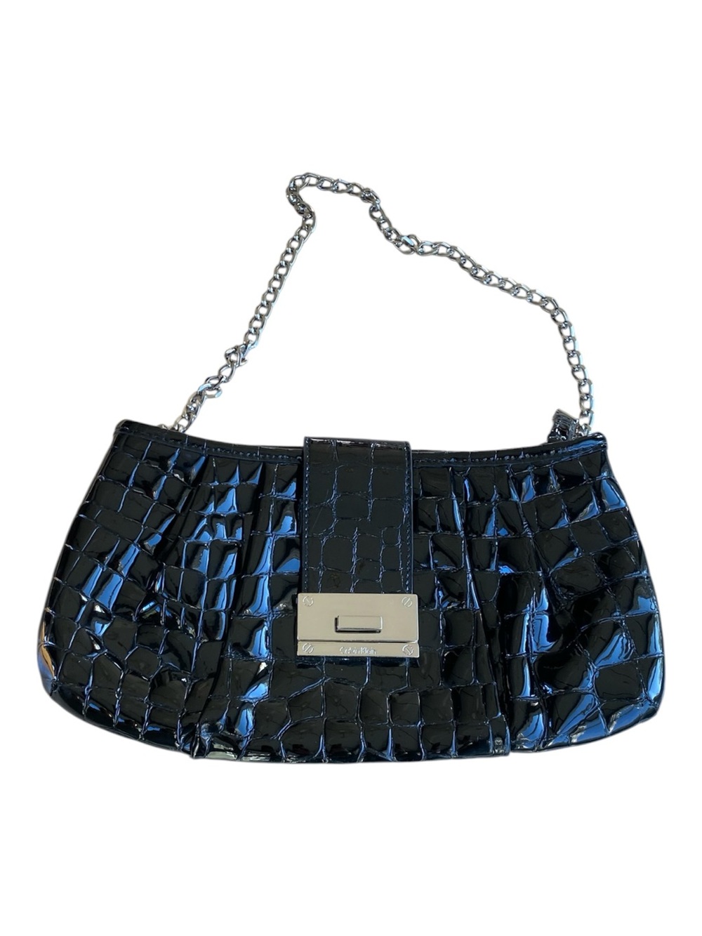 Calvin Klein Black Patent Croc Embossed Chain Shoulder Bag Y2K